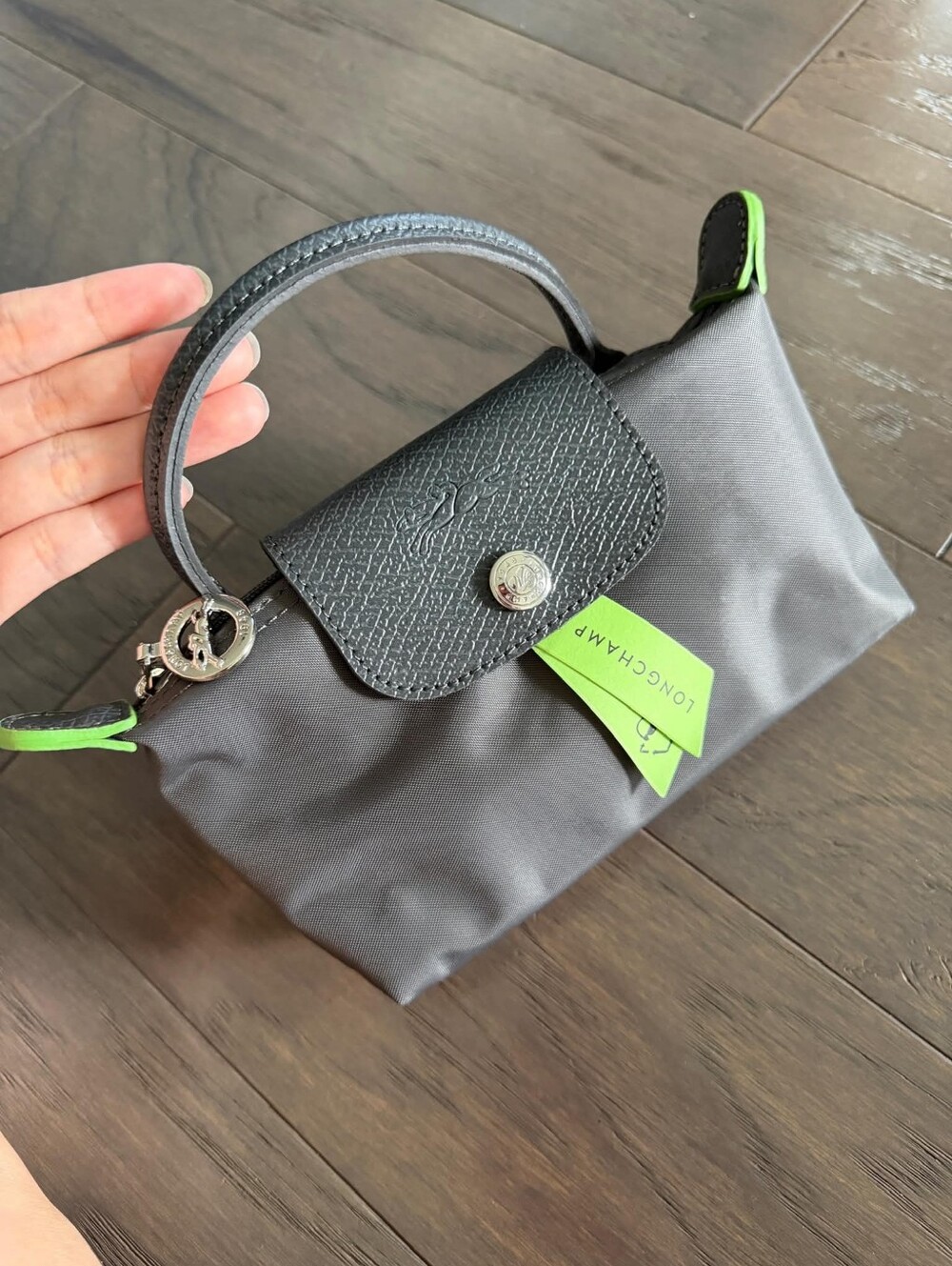 Longchamp Mini Top-Handle Bag in Gray with Lime Accents